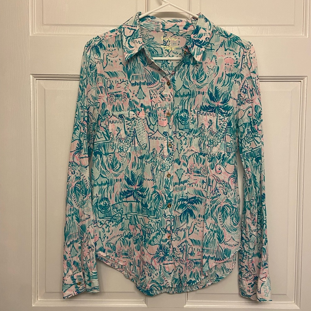 Lilly Pulitzer Teal & Pink Printed Button-Down Shirt